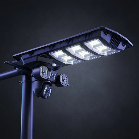 Lampadaire solaire LED avec caméra de surveillance IA 2-en-1, 450W