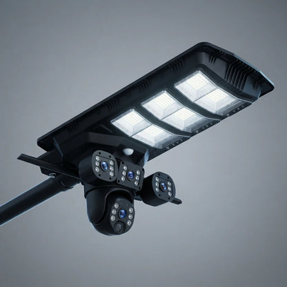 Lampadaire solaire LED avec caméra de surveillance IA 2-en-1, 450W