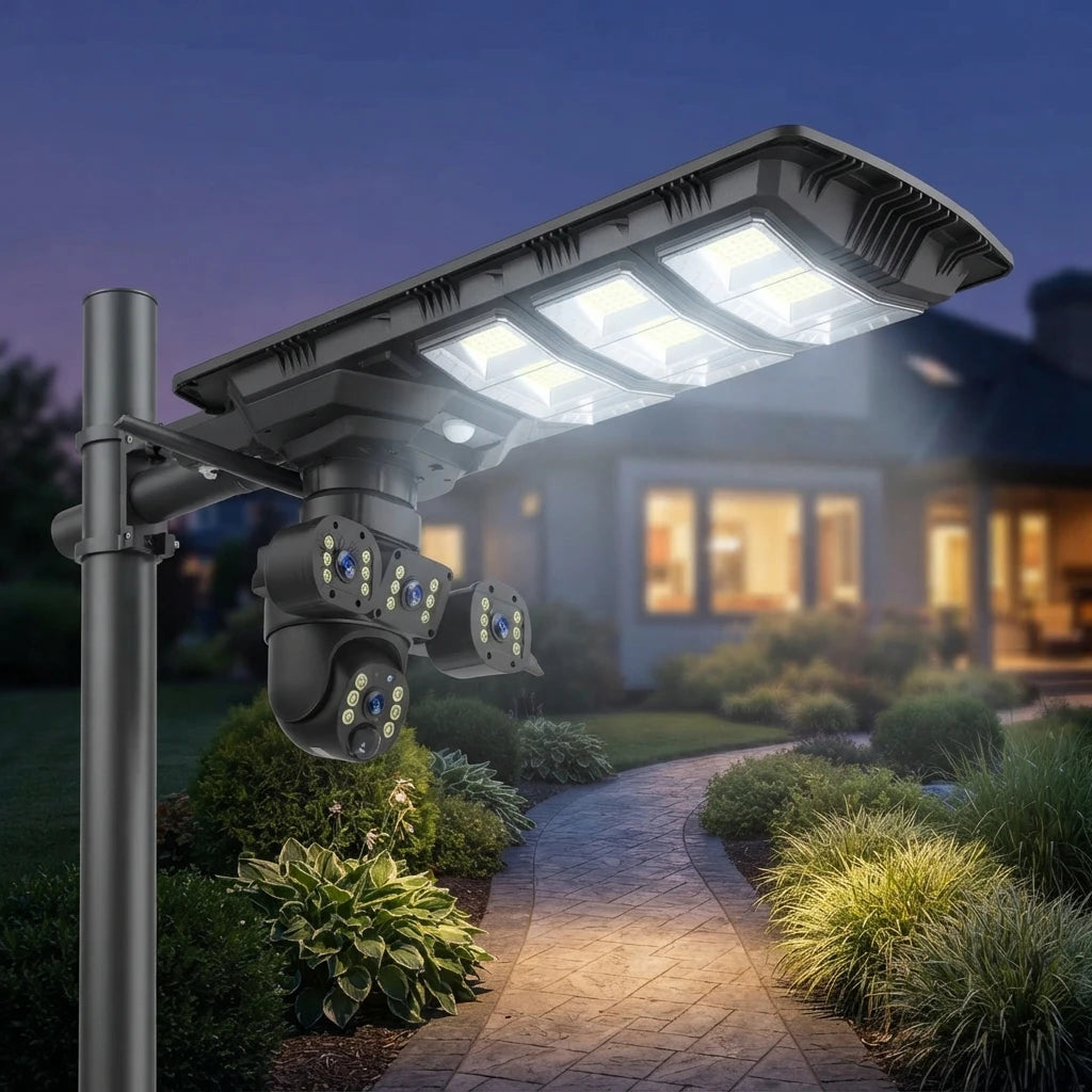 Lampadaire solaire LED avec caméra de surveillance IA 2-en-1, 450W